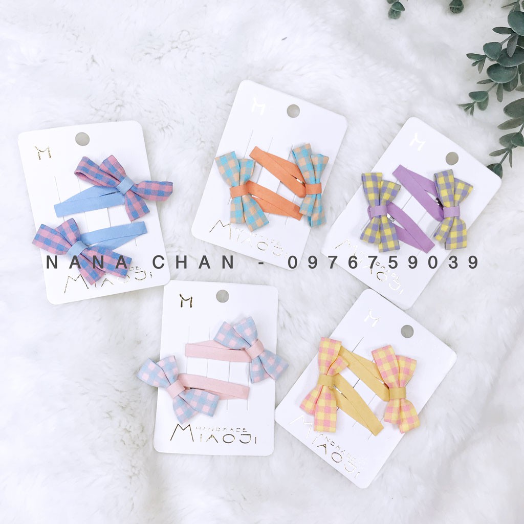 [I002] Set cặp tóc nơ caro vintage cho bé