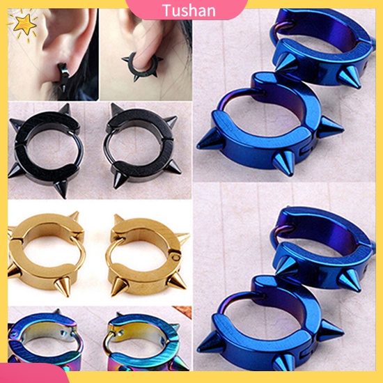 Đôi khuyên tai kiểu vòng tròn gai chất liệu thép titan cá tính cho nữ / nam