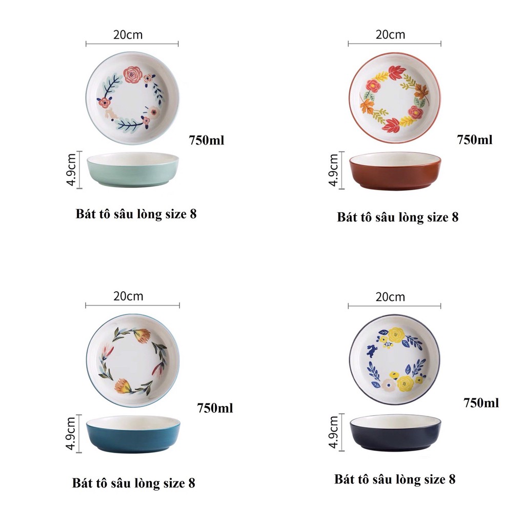 Tô sứ vẽ hoa 4 mùa, bát đựng salad, đĩa để món xào, phụ kiện bàn ăn: 3.7.1
