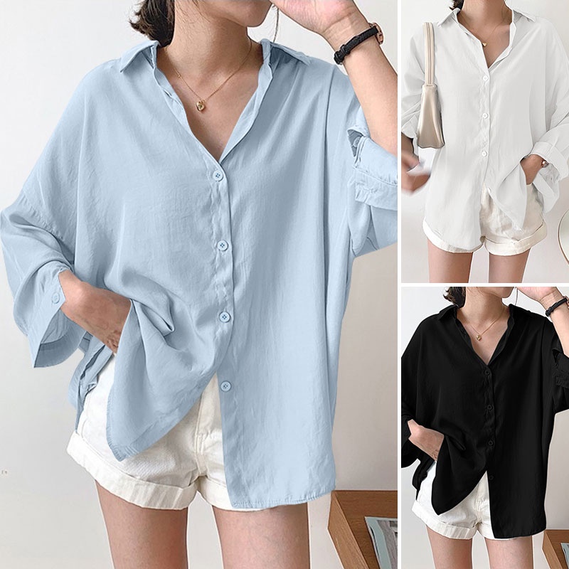 Áo kiểu ZANZEA tay dài cổ bẻ dáng rộng cá tính hợp thời trang công sở thường ngày cho nữ