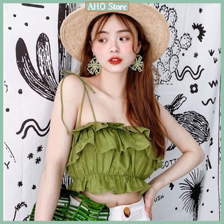 Áo croptop đũi thắt nơ vai áo 2 dây nữ viền bèo buộc nơ vai vải đũi xước freesize