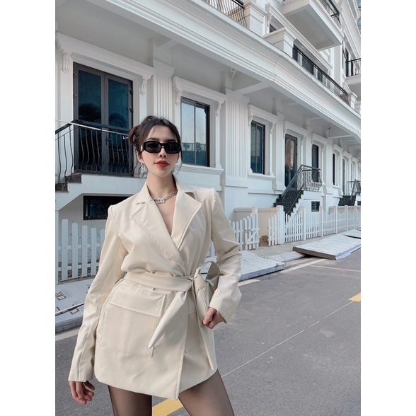 Áo vest da nâu hai túi vuông đai thắt eo Thuyngothanh Store | BigBuy360 - bigbuy360.vn