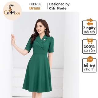 Đầm công sở CITI MODE FASHION thiết kế dáng xoè xanh cổ vest DH3709