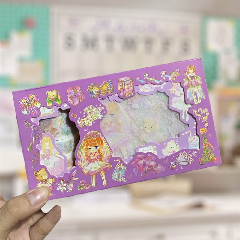 Set 3 cuộn băng keo hình trang trí kèm 8 miếng sticker trang trí sổ nhật ký, Washi Tape (Giao mẫu ngẫu nhiên)