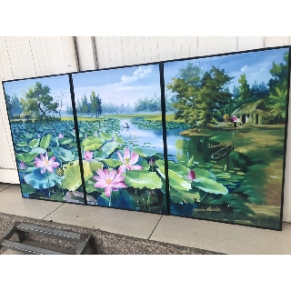 Bộ tranh canvas đồng hoa sen sơn dầu kèm khung