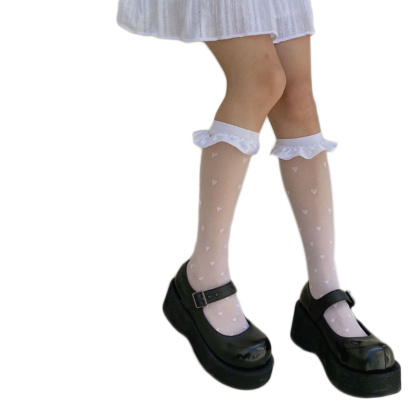 Vớ Cao Đến Đầu Gối Bằng Lụa Satin Viền Xếp Nếp Họa Tiết Trái Tim Phong Cách Nhật Bản Ngọt Ngào Cho Nữ Xiang