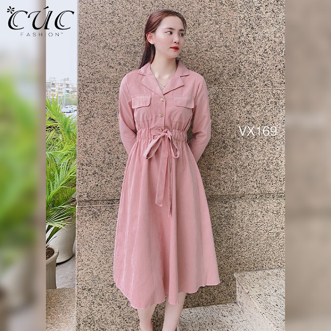 Váy đầm liền thân dáng xòe công sở Cúc Fashion VX169 đầm váy đũi cổ vest