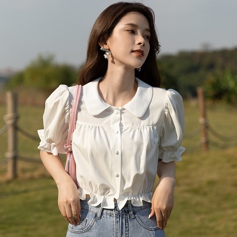 Áo sơ mi nữ cộc tay croptop cổ sen A057 viền bèo bo tay bo gấu xinh xắn nhẹ nhàng Áo kiểu nữ crt dáng ngắn tay bồng trắn