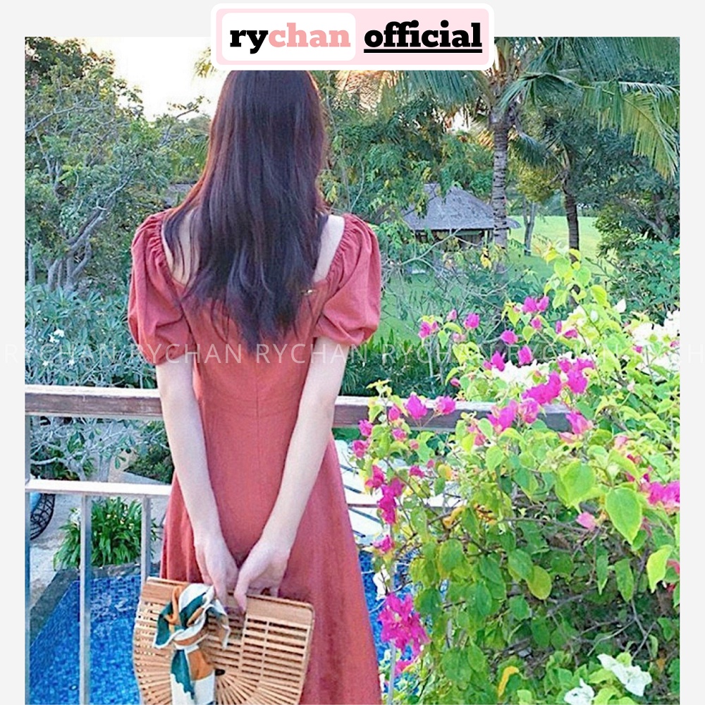 Đầm Xòe Midi Hồng Bẹt Vai Tay Phồng Bo Chun  - DX0088