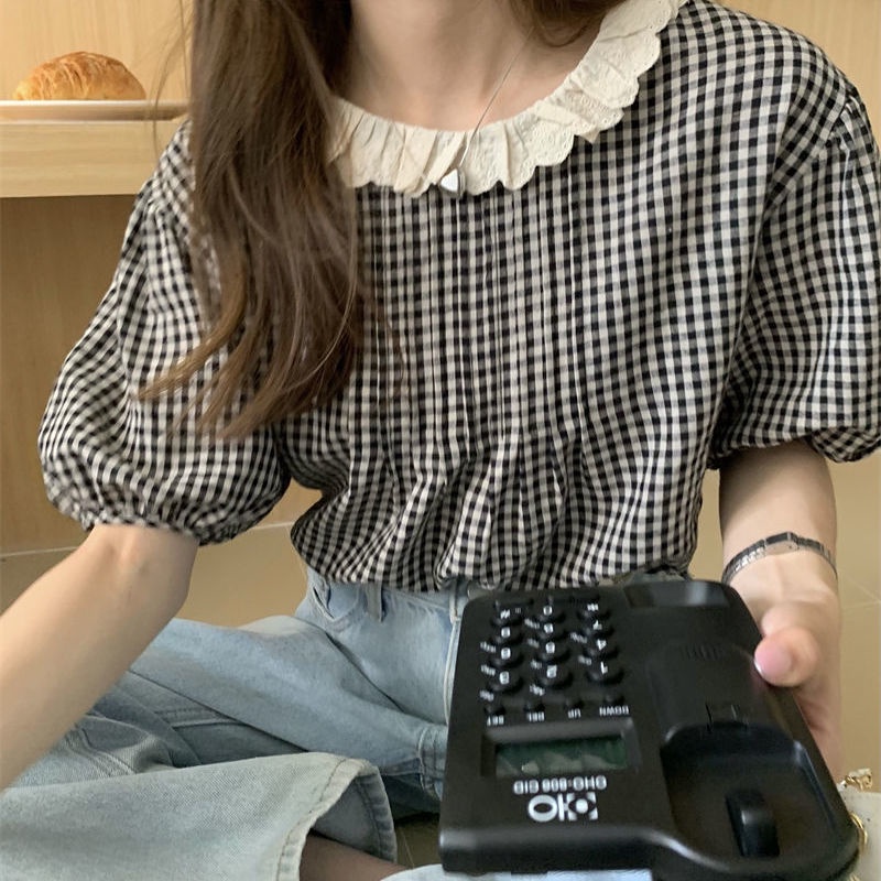 Áo Sơ Mi Tay Phồng Dáng Rộng Kẻ Sọc Ca Rô Dễ Thương