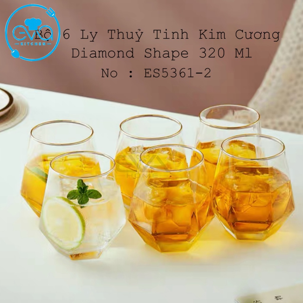 Bộ 6 Ly Thuỷ Tinh Kim Cương Lục Giác Chịu Nhiệt Deli 320ML Diamond Shape Wiskey Glass Deli ES5361-2