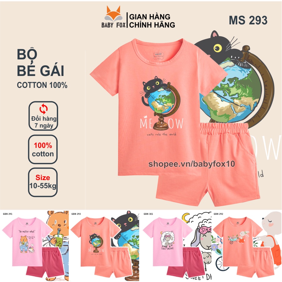 Bộ bé gái size nhỏ, trung, đại 100% cotton cao cấp, thương hiệu BABY FOX, hình mèo, thỏ đáng yêu g