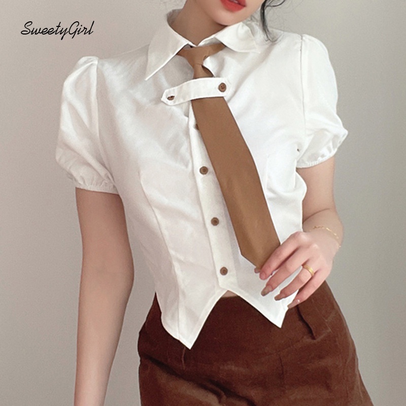 Áo Sơ Mi Cổ Bẻ Tay Ngắn Dáng Ôm Màu Trơn Phong Cách Preppy 2022 Thời Trang Cho Nữ