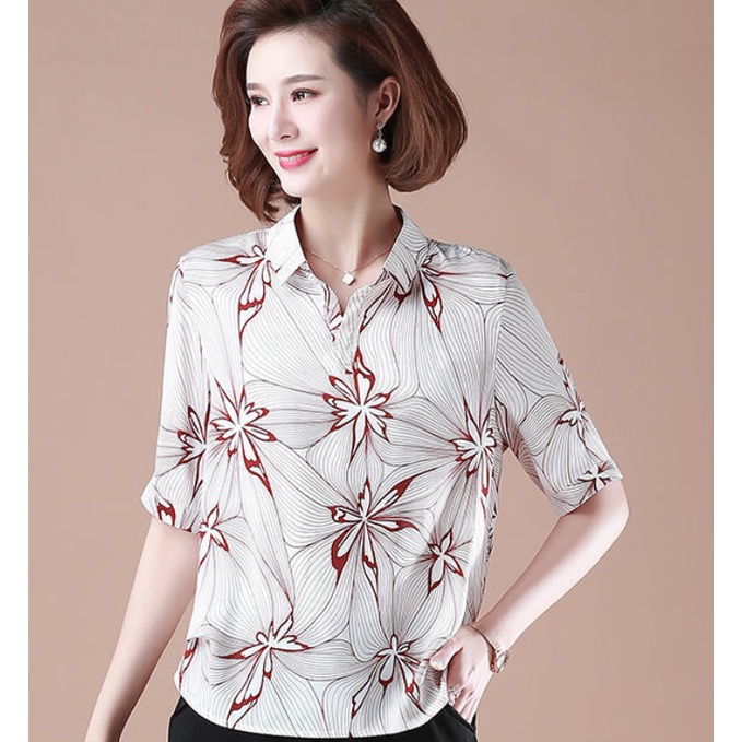 Áo Sơ Mi Voan Tay Ngắn Họa Tiết Chấm Bi Dáng Rộng Thời Trang Mùa Hè Cho Nữ Trung Niên