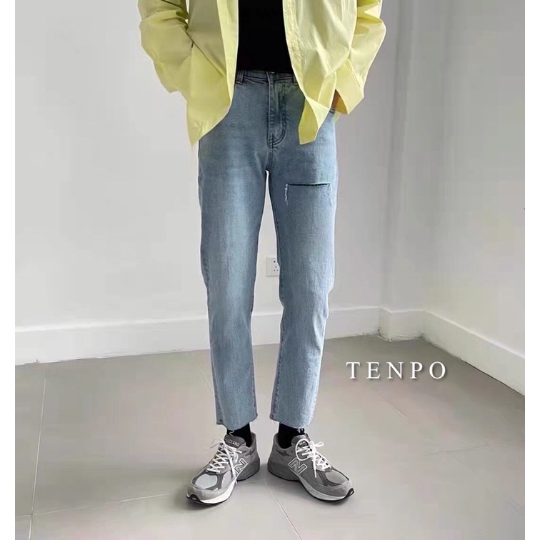 Quần jean nam TENPO rách ngang đùi , vải denim co giãn nhẹ , form skinny | Jean nam xanh trơn
