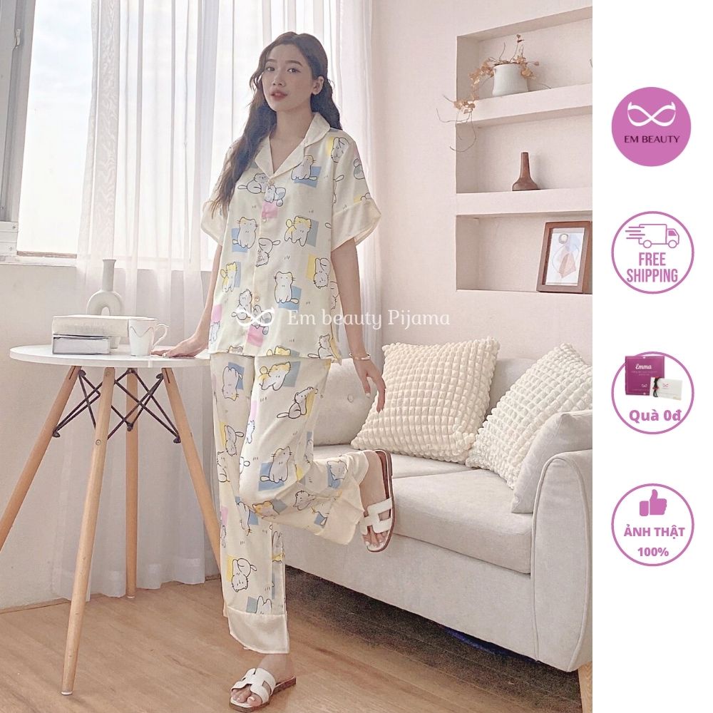 Pijama lụa EMBEAUTY đồ ngủ nữ, bộ mặc nhà, tay cộc quần dài nơ, tiểu thư, sau sinh freesize CÓ FREESHIP TẶNG QUÀ_EM18
