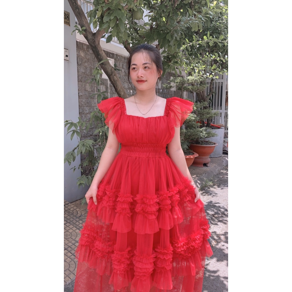 Đầm maxi đi biển xòe tầng phối lưới tay cách tiên xinh đẹp bo chum co giãn thoải mái đi tiệc chụp hình sống ảo lung linh