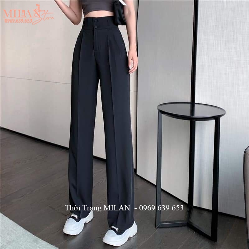 Quần ống rộng cạp cao 2 khuy nữ đi học làm công sở vải tuyết mưa mềm màu đen dáng quần ống suông nữ eo lưng cao học sinh