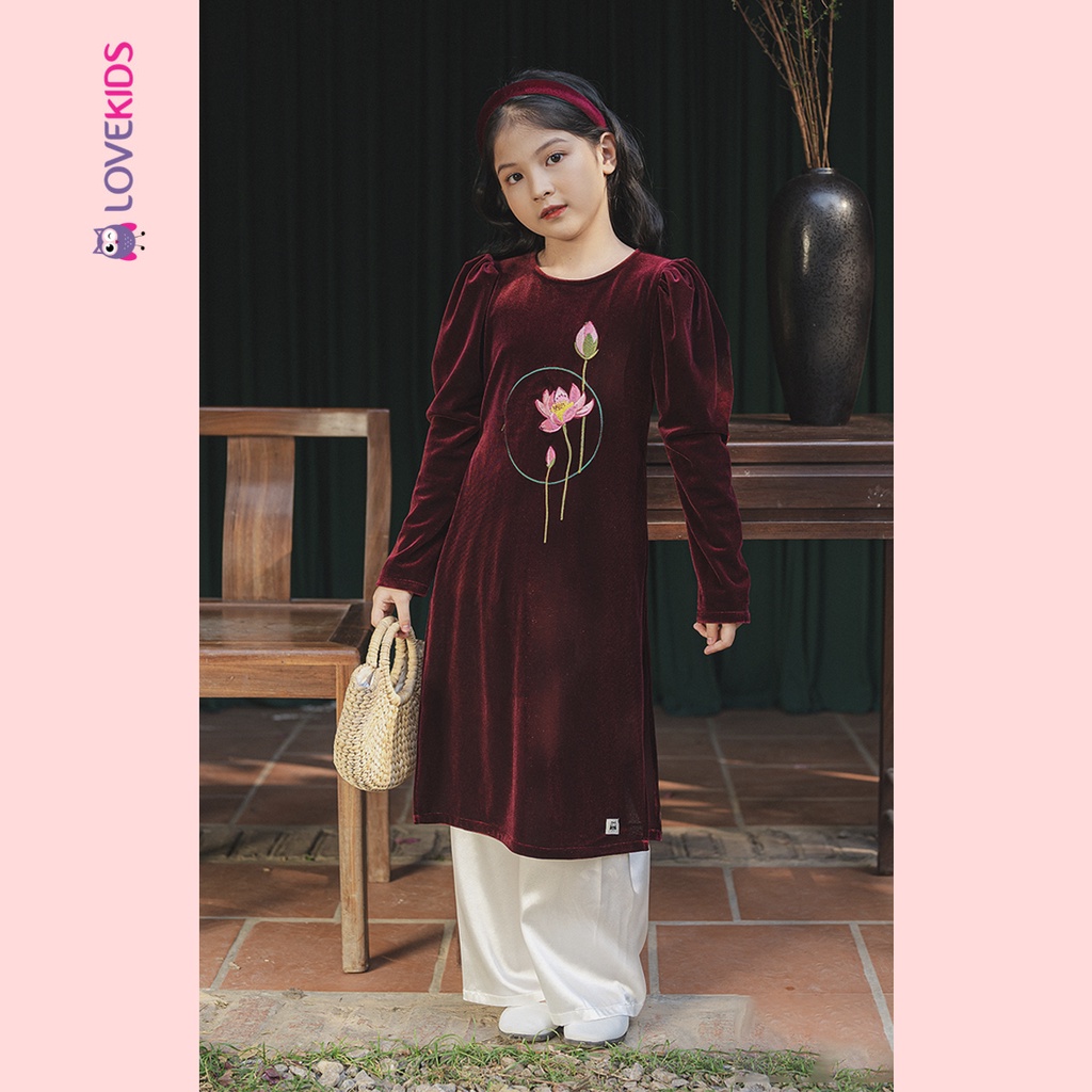 Áo dài nhung thêu hoa sen tay bồng BG | Lovekids