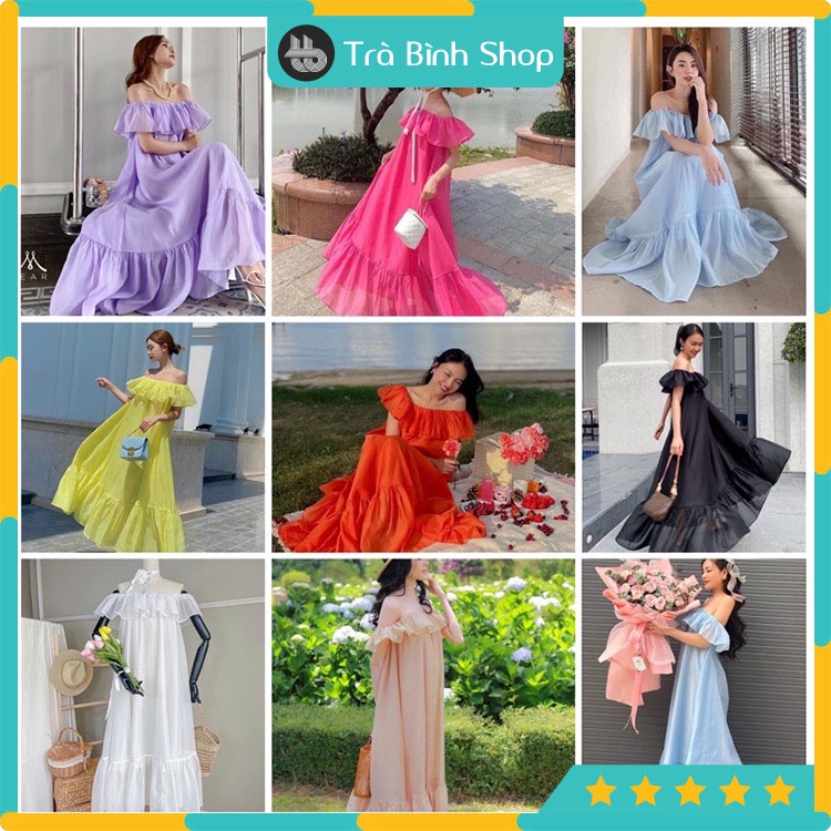 Váy trễ vai chất tơ nến đuôi cá Đầm xòe dáng maxi bèo đi biển