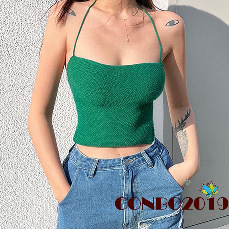 Áo Crop Top Dệt Kim Hai Dây Màu Trơn Lưng Buộc Dây Gợi Cảm Cho Nữ
