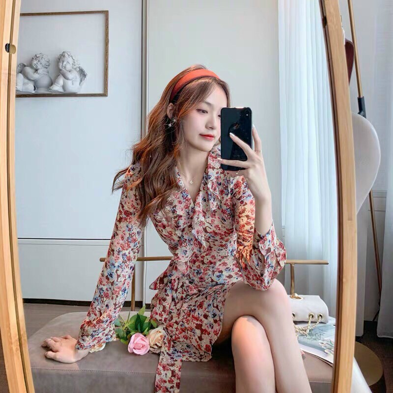 Đầm váy hoa tà chéo cổ chữ V  bèo ⚡⚡GIÁ RẺ⚡⚡👗👗chất vải voan hoa👗👗 phù hợp dạo phố, đi chơi picnic