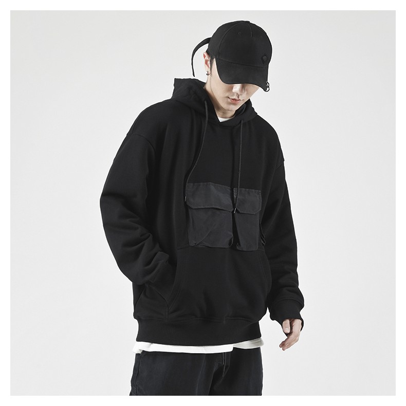 Áo Hoodie poly pocket màu đen form oversize nam nữ đều mặc được