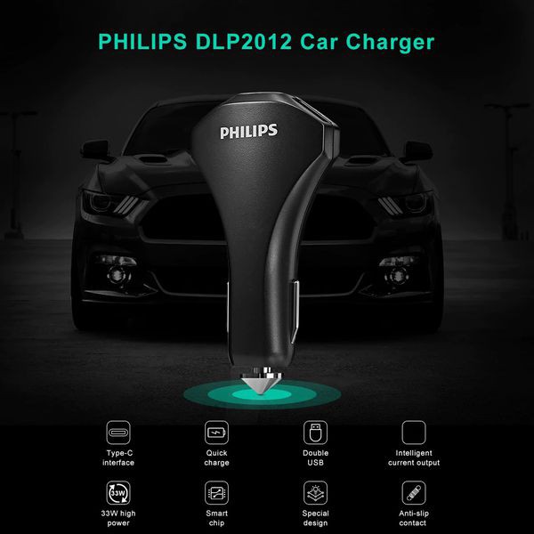 Bộ Sạc Xe Hơi Philips DLP2012 Quick Charge 3.0 cổng USB-C, Tích Hợp Đầu Phá Kính Thoát Hiểm