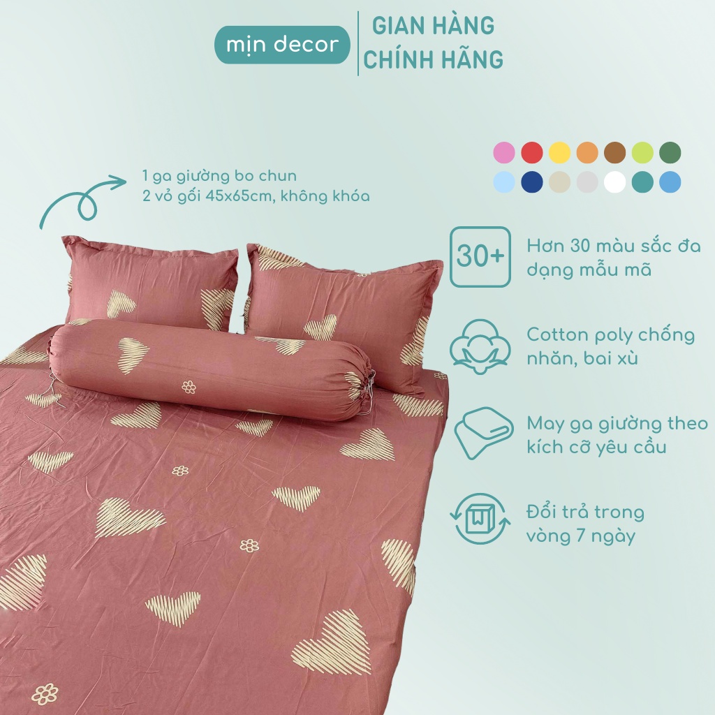 Bộ vỏ ga giường vỏ gối cotton, bộ ga giường cotton 3D nhiều màu