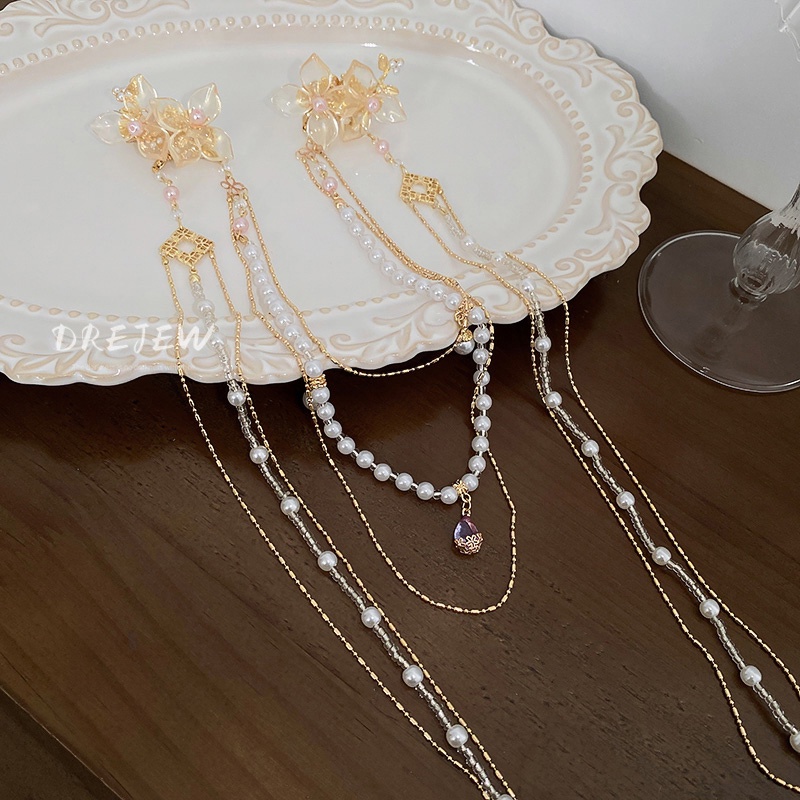 DREJEW Kẹp tóc hình hoa đính đá ngọc trai phối tua rua dáng dài thời trang sáng tạo cho nữ