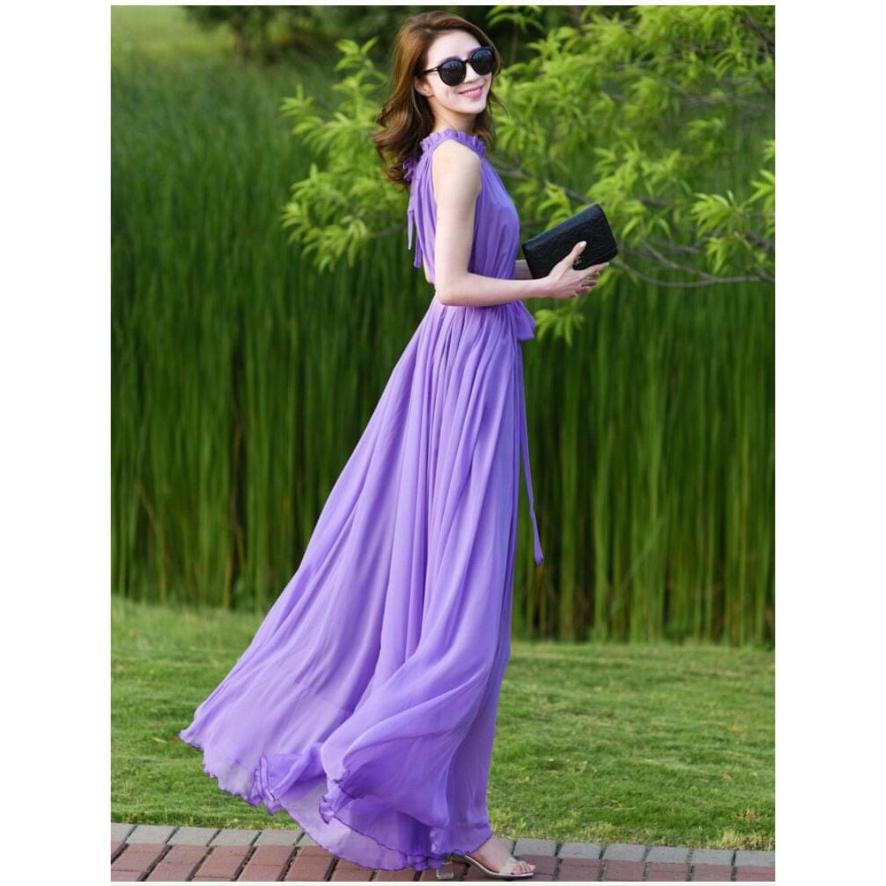 Đầm Maxi Dáng Dài Cổ Yếm Xếp Ly Thời Trang Nữ Rose Fashion