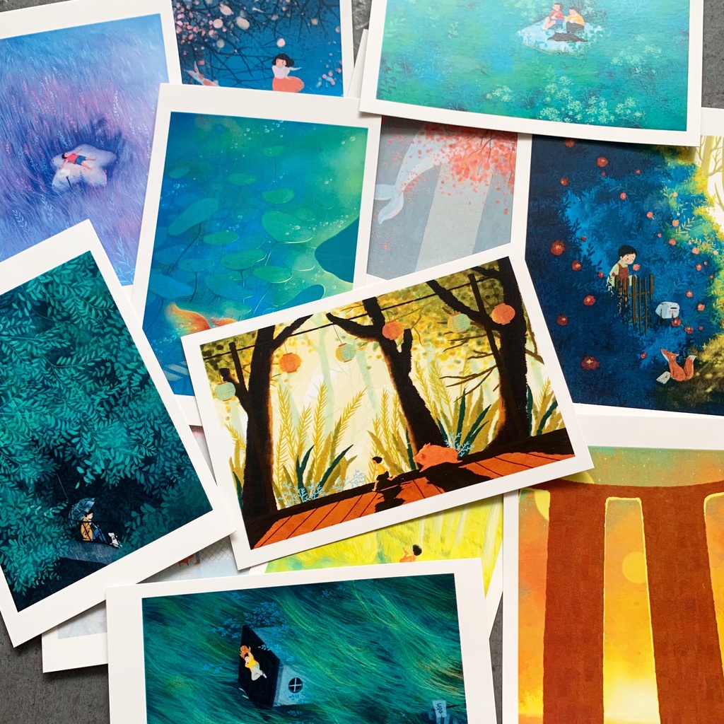 Postcard, Thiệp chúc mừng, Tranh trang trí BST họa sỹ Đốm 03  kèm bao thư Kraft
