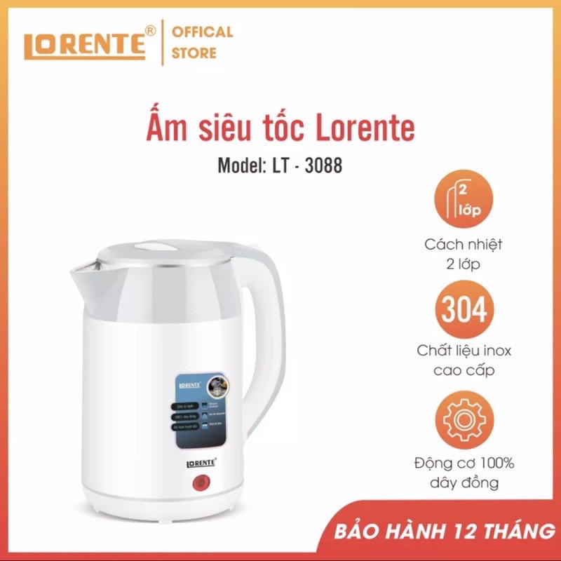 Ấm siêu tốc cao cấp Lorente LT-3099- LT 3088 Bình đun siêu tốc dung tích 2,2L chính hãng (BH12 tháng)