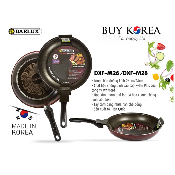 Chảo cạn chống dính phủ đá hoa cương |Daelux 28cm Made in Korea DXF-M28 tỏa nhiệt đều