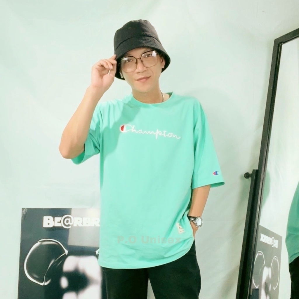 Áo thun CHAMPION ,Áo thun Unisex tay lỡ nam nữ form rộng Oversize chất Cotton logo thêu