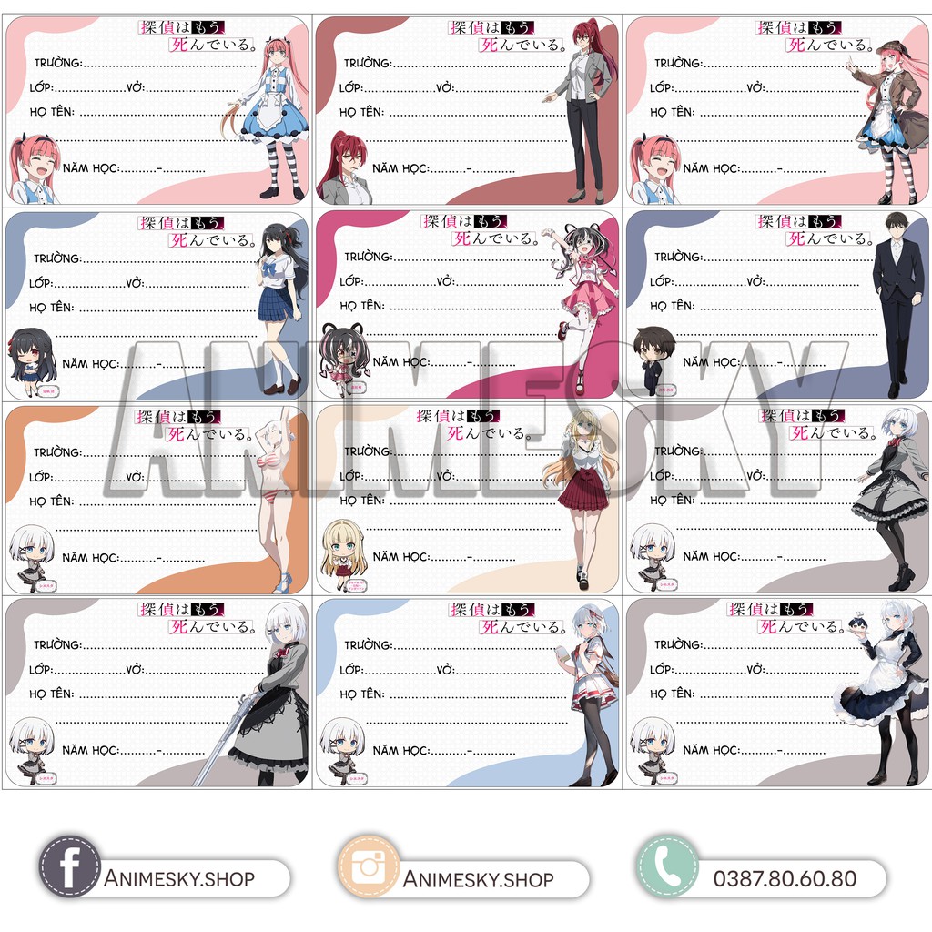 Nhãn vở Thám tử đã chết - Tantei wa mou, Shindeiru 1 bộ 12 mẫu độc đáo - nhãn vở Anime Manga