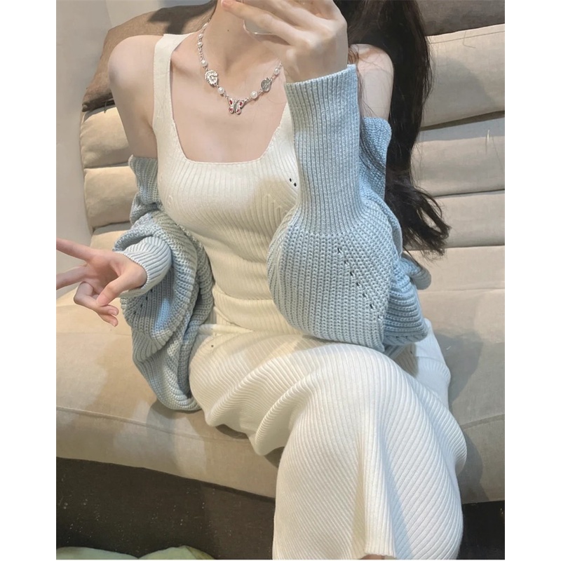 Bộ áo khoác cardigan tay dài + đầm 2 dây dệt kim phong cách thu đông mới
