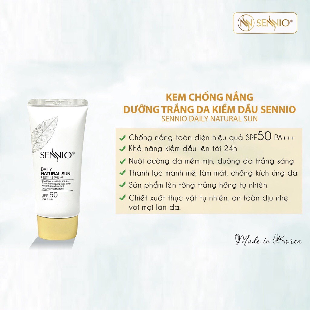 Kem Chống Nắng Trắng Da Kiềm Dầu Hàn Quốc Phù Hợp Cho Da Dầu Mụn SENNIO Daily Natural Cream SPF 50 PA+++ 50ML - SNO 803