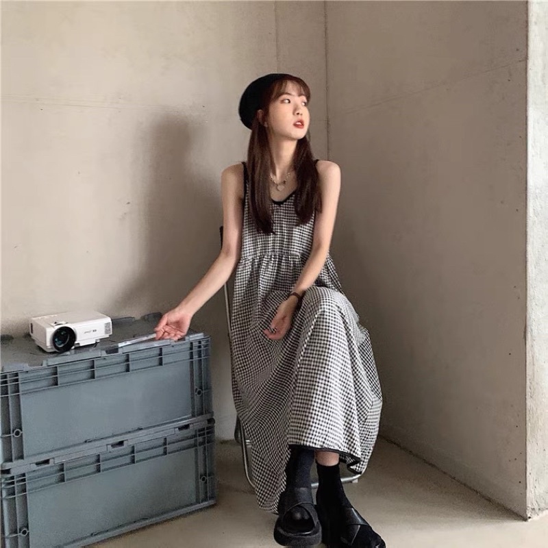 Đầm Nữ Cổ Chữ V Eo Thắt Dây Sọc Caro Thời Trang Nữ