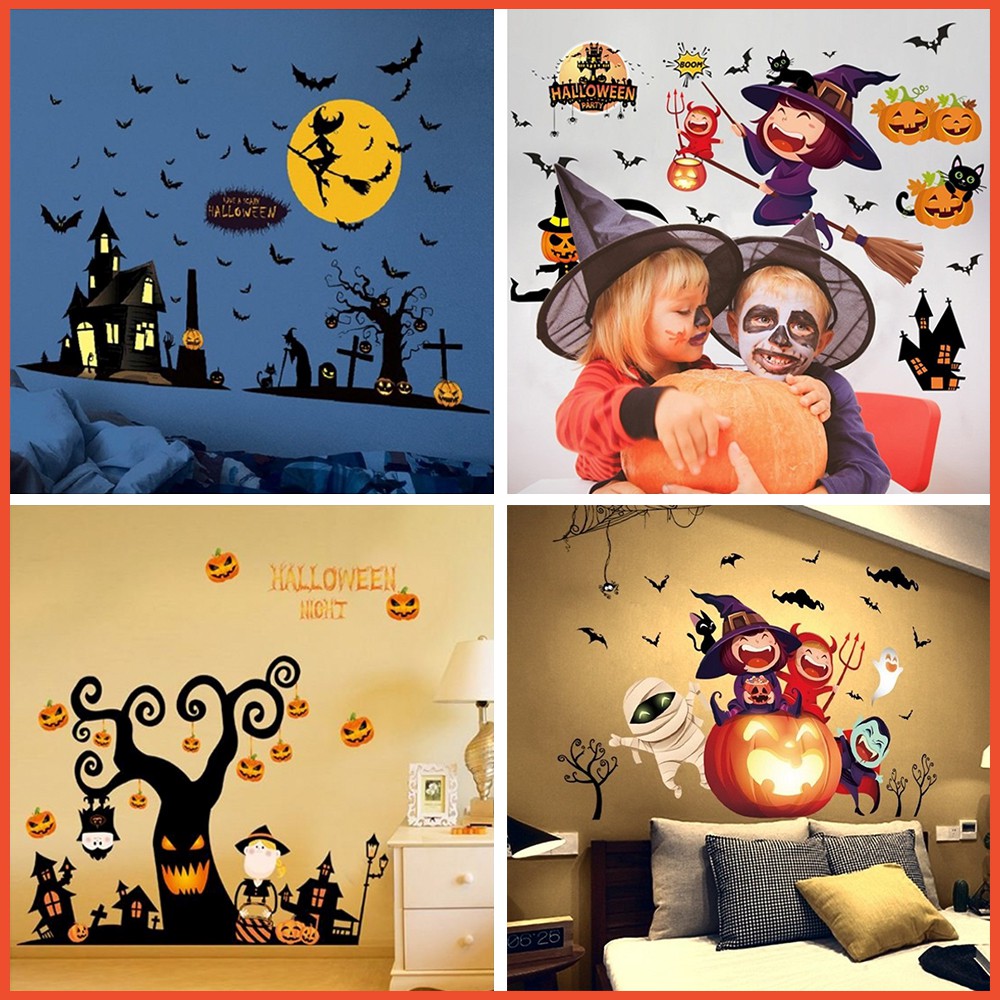 giấy dán tường Halloween - Decal dán kính trang trí Halloween có keo sẵn