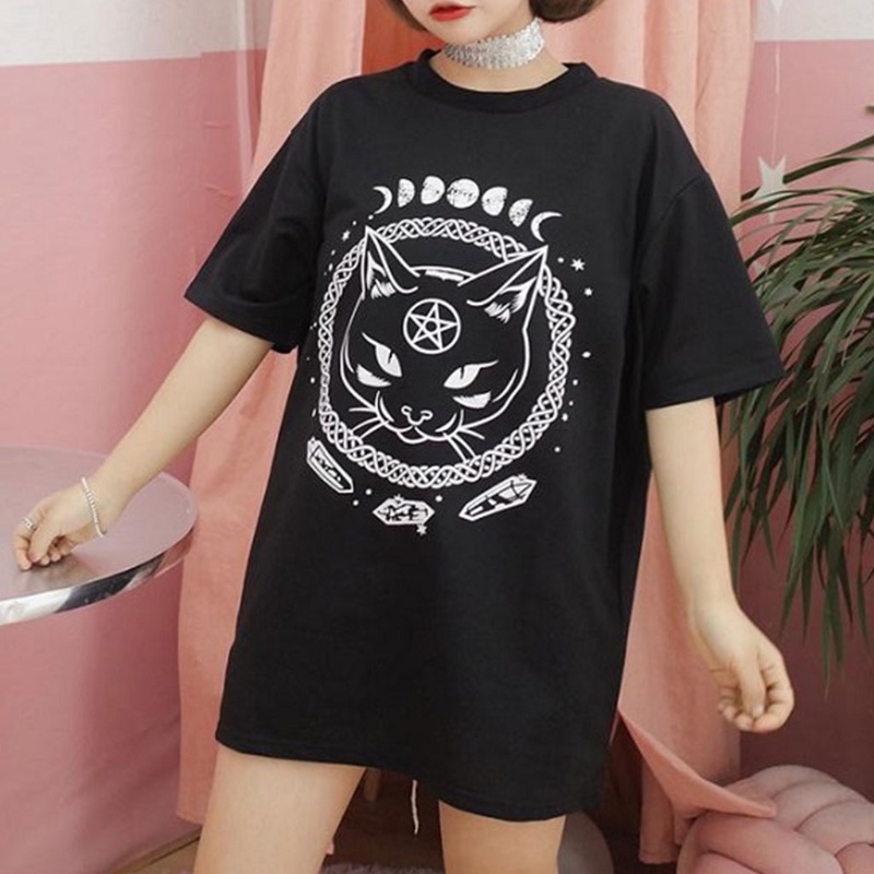 Áo Thun Tay Ngắn Dáng Rộng In Hình Mèo Kiểu Harajuku Thời Trang Mùa Hè Cho Nữ