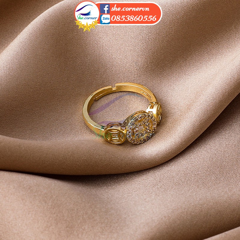 Nhẫn nữ Hàn Quốc đính đá 15661 Freesize hình đồng xu may mắn ánh vàng