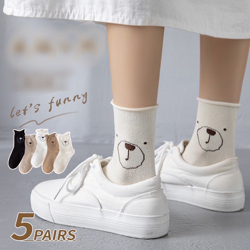Set tất nhún cổ cao, vớ cổ họa tiết gấu vintage hoạt hình dễ thương T105