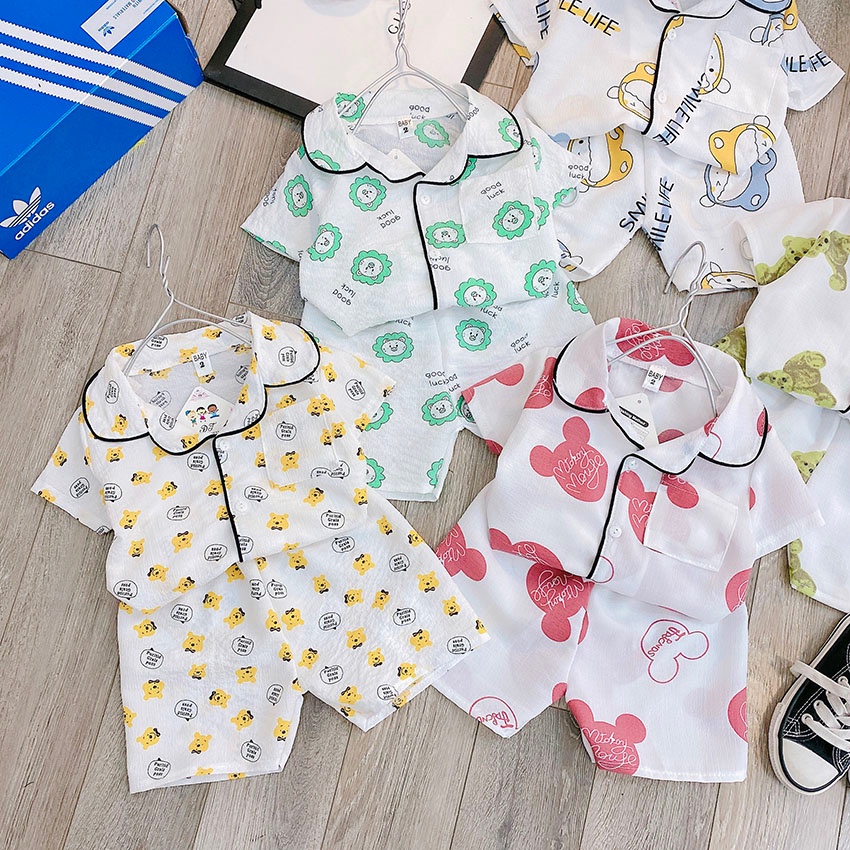 Bộ Quần Áo Trẻ Em Cộc Tay PIZAMA Vải Xốp In Hình Thoáng Mát Cho Bé Trai Gái Từ 8-20kg Mã PZM10
