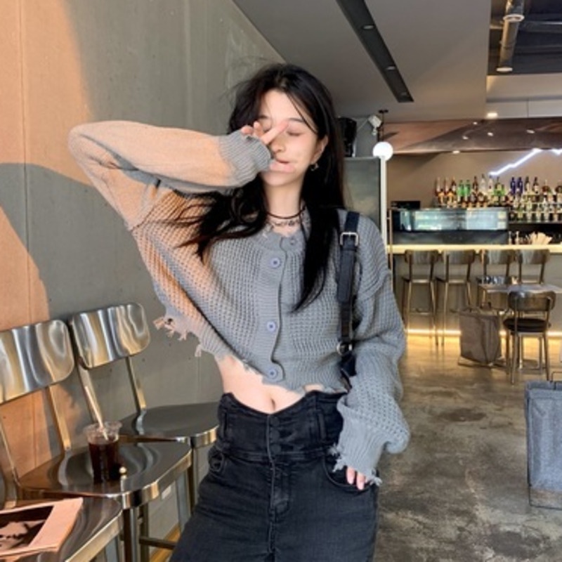 Áo Sweater Tay Dài Viền Tua Rua Phong Cách Retro 206824 Áo Khoác Dệt Kim Dáng Ngắn Màu Trơn Phong Cách Hàn Quốc