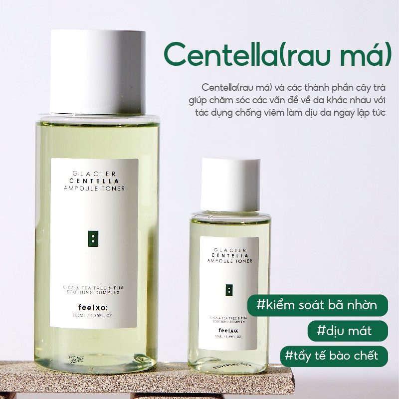 Toner Feelxo Glacier Centella dưỡng ẩm chiết xuất rau má  + tràm trà + phức hợp PHA 200ml/ 50ml