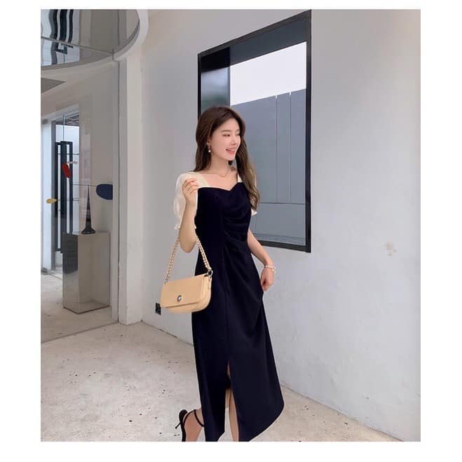 Váy nữ thiết kế dự tiệc,Đầm tay phối xẻ đùi xếp ly trẻ trung, sang trọng, dễ thương