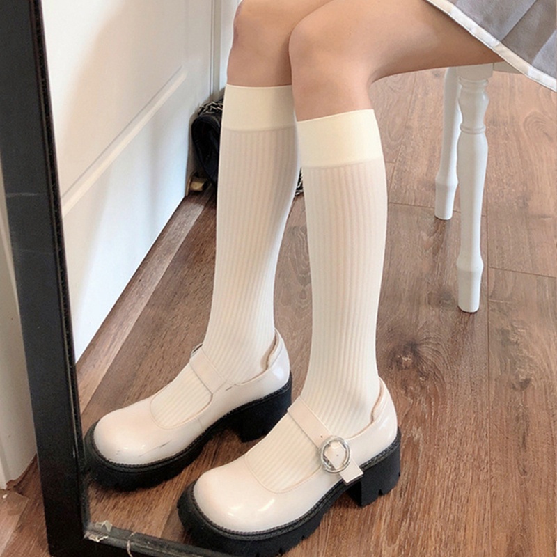 Xiangbao Vớ Cao Đến Đầu Gối Đồng Phục Sọc Dọc Trắng Đen Mỏng Phong Cách Preppy Ngọt Ngào Cho Nữ