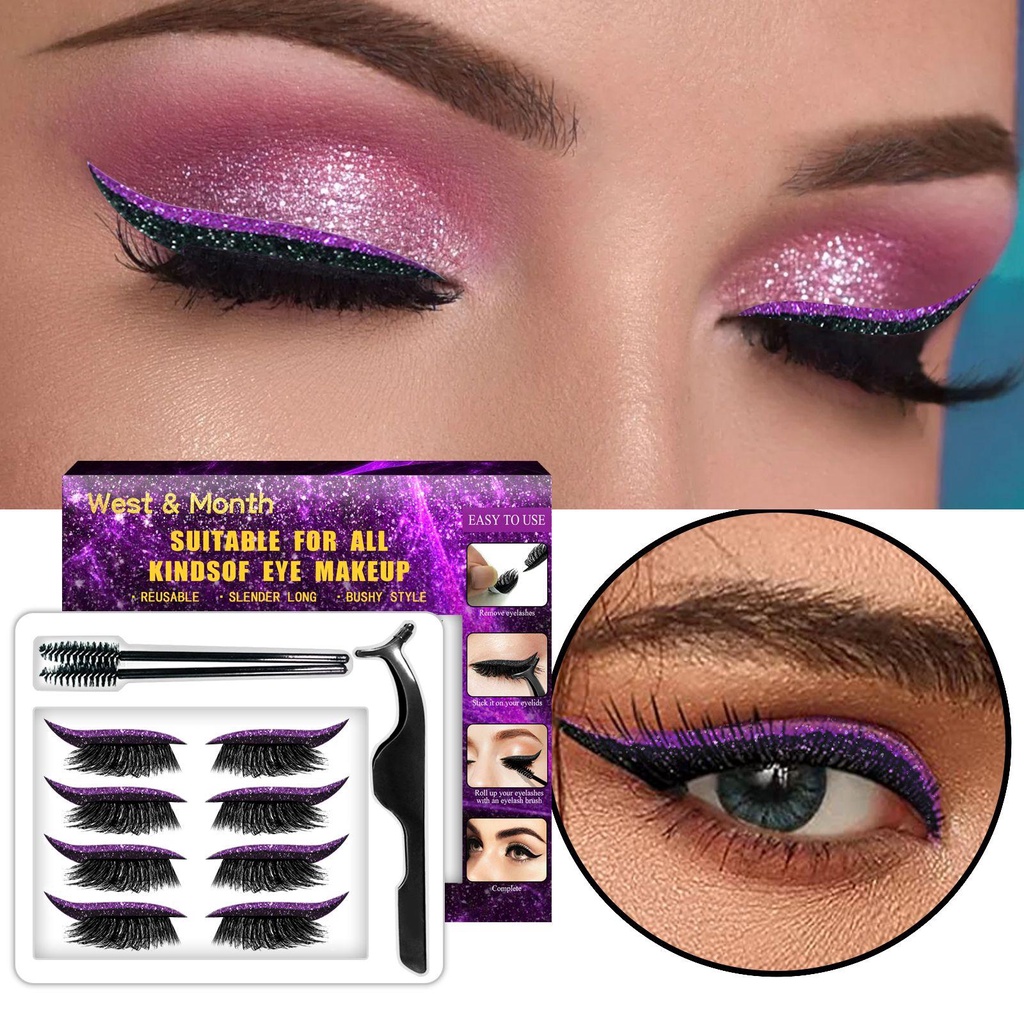 Bộ 4 Cặp Lông Mi Giả Tự Dính 3D Cong Dài Tự Nhiên Kèm Bút Kẻ Mắt