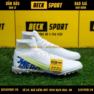 Giày Bóng Đá Mercurial Superfly 7 Elite Trắng Xanh Biển Vạch Chuối Cao Cổ V2 TF